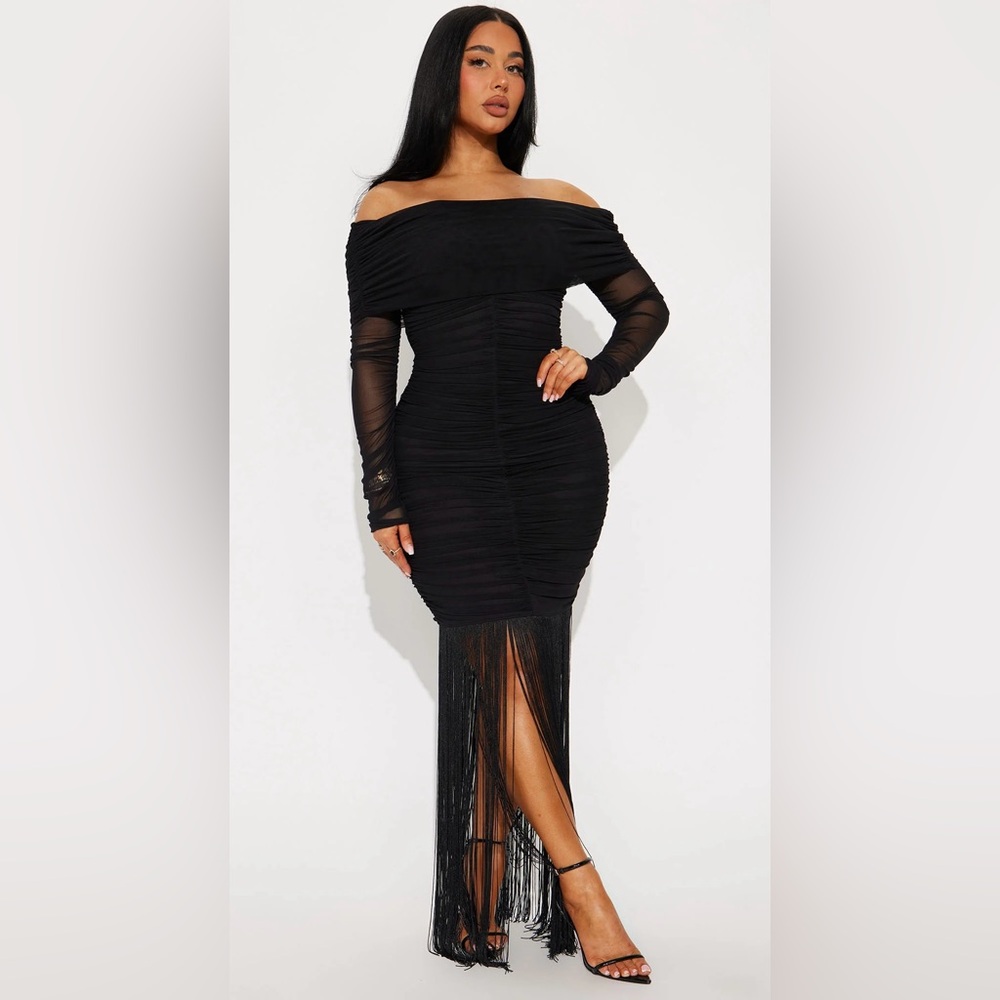 NWT Sold Out Fashion Nova Midnight Magic Fringe Dress Sz Large MIDI Dress